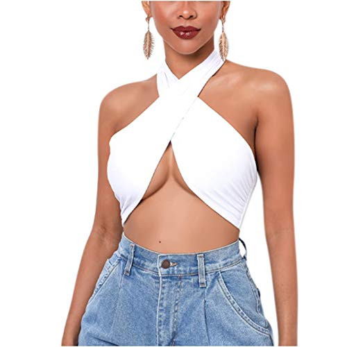 RARITYUS Women Sexy Halter Criss Cross Crop Top Self Tie Tank Top Cut Out for Rave Cami Clubwear White RARITYUS Women Sexy Halter Criss Cross Crop Top Self Tie Tank Top Cut Out for Rave Cami Clubwear White
