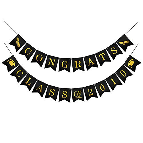 LINGPAR Congrats Class of 2019 Banner - Perfect Graduation Decorations Party Supplies for Grad Party Bunting Gold Black (2)