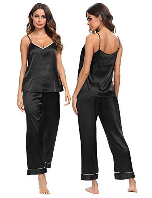 SWOMOG Women's Satin Pajamas Set Silk Sleepwear V-Neck Cami Nightwear Sexy Lingerie Pjs Set Black