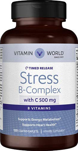Vitamin World Stress B-Complex with 500 mg. Vitamin C Timed Release 120 Caplets- Vegetarian- Coated- Timed-Release