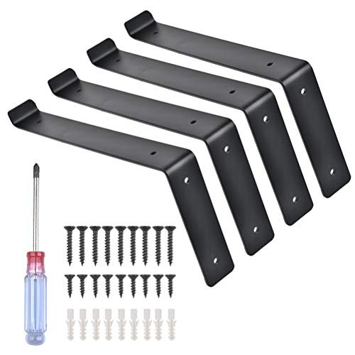 TIMESETL 4 Pack Shelf Brackets- 7.87 Inch Heavy Duty Black Wall Bracket with Lip for Floating Shelves Rustic Iron Metal Shelf Bracket for DIY Open Shelving Hardware Included