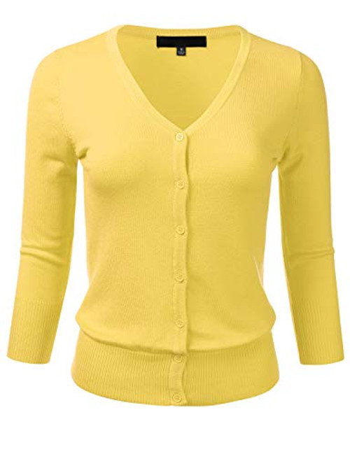 FLORIA Women's Button Down 3/4 Sleeve V-Neck Stretch Knit Cardigan Sweater BABYYELLOW M