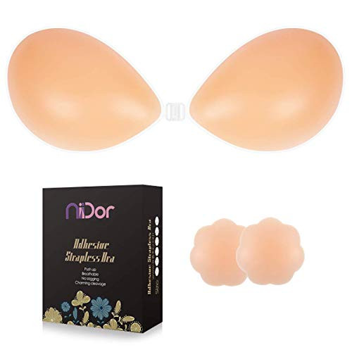 Niidor Adhesive Bra Strapless Sticky Invisible Push up Silicone Bra for Backless Dress with Nipple Covers Nude -A Cup-
