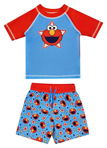 Sesame Street Elmo Baby Boys Swim Rash Guard Swim Trunks Set Red and Blue 12 Months