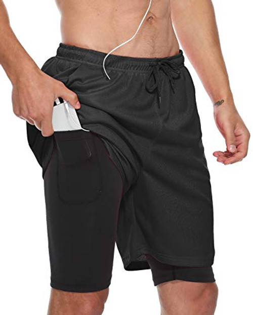 FEDTOSING Men's 2 in 1 Running Shorts Quick Dry Gym Athletic Training Workout Shorts with Phone Pocket -Black XL-