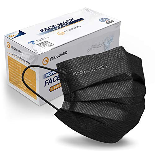 Made in USA- ASTM Level 3 Face Mask by ECOGUARD- 3-ply / 50 Pack / Disposable / Breathable -Black- Adult-