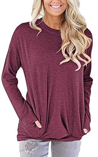 PLOKNRD Loose Fit Shirts for Women Pockte T Shirt Casual Tunic Tops Burgundy Wine Red