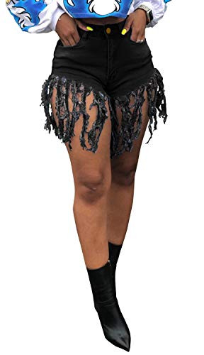 Jean Shorts for Women High Waisted Frayed Raw Hem Ripped Denim Shorts Large Black