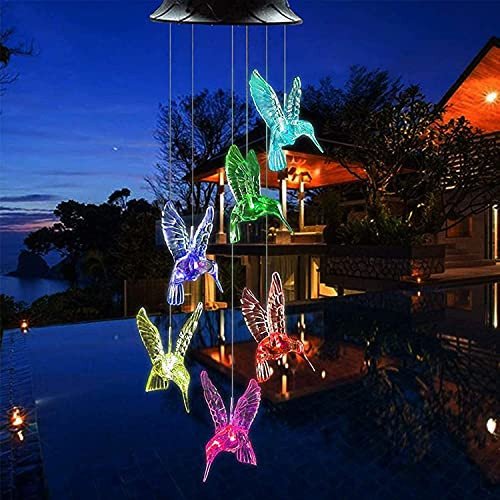 Solar Hummingbird Wind Chimes- Color Changing Solar Wind Chime Outdoor Waterproof Hummingbird LED Solar Lights- for Home/Yard/Night/Garden