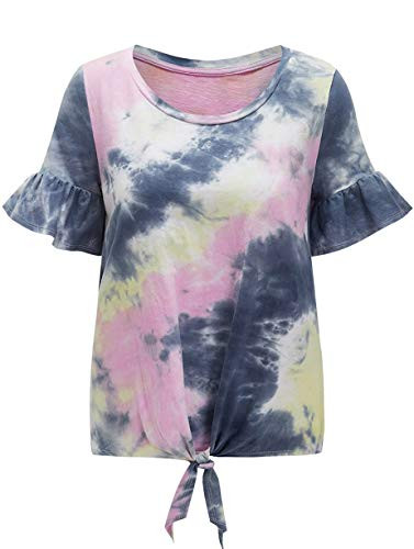 Romwe Women's Short Sleeve Tie Front Knot Casual Loose Fit Tee T-Shirt Pink Grey Tie Dye XXL