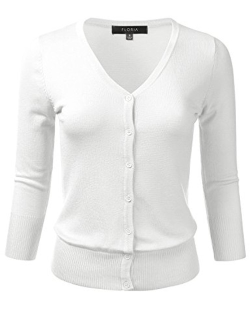 FLORIA Women's Button Down 3/4 Sleeve V-Neck Stretch Knit Cardigan Sweater White M