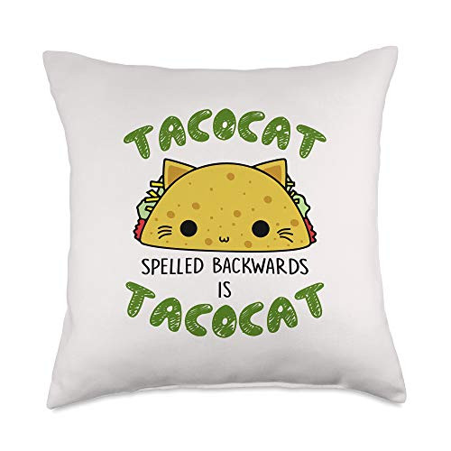 Tacocat Spelled Backwards Cat  and  Taco Lover Item Tacocat Spelled Backwards Cute Cat  and  Taco Lover Mexican Throw Pillow- 18x18- Multicolor