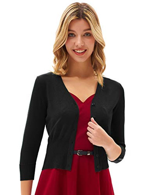 GRACE KARIN Women's Cropped Cardigan 3/4 Sleeve V-Neck Button Down Open Front Ribbed Knit Shrug Sweater Black