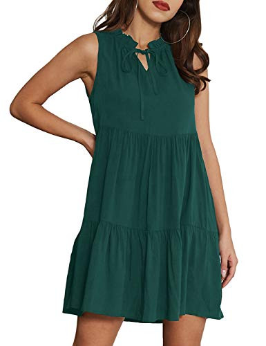 GRACE KARIN Women's Summer Sleeveless Tiered Mini Dresses Casual V Neck Ruffle Swing Flowy Dress Dark Green Small