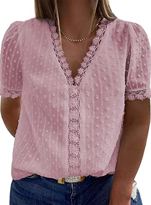 Happy Sailed Womens Plus Size Casual Short Sleeve Tops V Neck Lace Crochet Pom Poms Chiffon Blouse Shirts-2X Pink