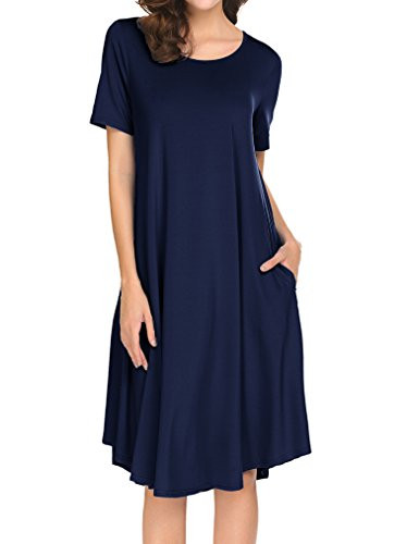 Locryz Womens Short Sleeve Pocket Casual Loose Swing Midi T Shirt Dress -XXL- Dark Blue-