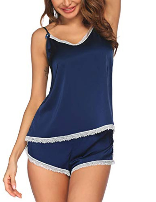 Ekouaer Sleepwear Womens Sexy Lingerie Satin Pajamas Cami Shorts Set Lace Nightwear Navy Blue Ekouaer Sleepwear Womens Sexy Lingerie Satin Pajamas Cami Shorts Set Lace Nightwear Navy Blue