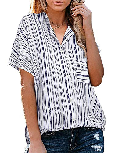 OUGES Women's Casual Blouses Tops Short Sleeve V Neck Button Down Shirts with Pocket -White A-L-