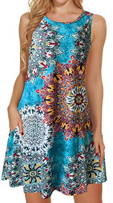 Tshirt Dresses for Women Summer Beach Boho Sleeveless Floral Sundress Pockets Swing Casual Loose Cover Up-Light Blue-S-
