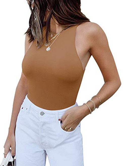 Womens Sexy Sleeveless High Neck Racer Back Halter Thong Bodysuits Leotard Tank Tops Brown Large