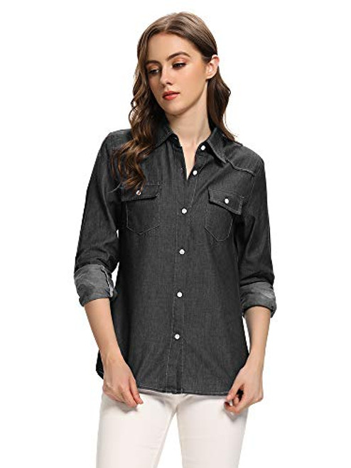Aeslech Women's Denim Shirt- Long Sleeve Button Down Cotton Blouse- Lightweight Jeans Tunic Top 1 Black XL