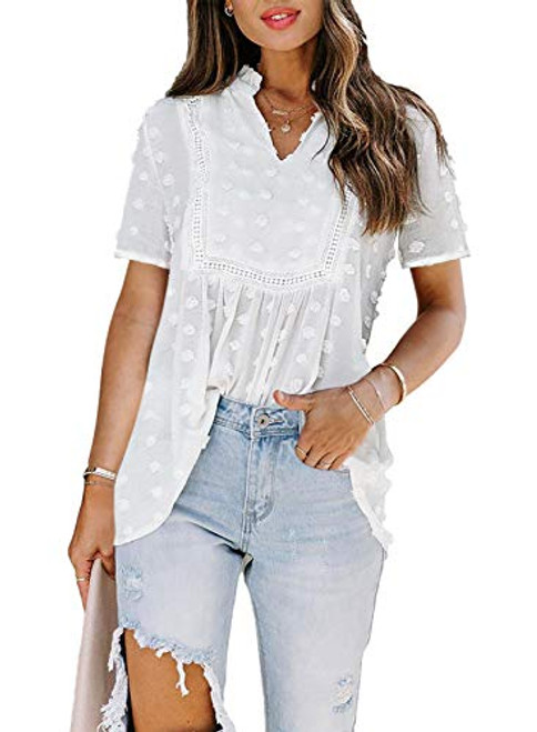 AlvaQ Women's White Chiffon Blouses Summer Short Sleeve Lace Detail Swiss Dot Pom Pom Boho Shirts Flowy Babydoll Tops Large