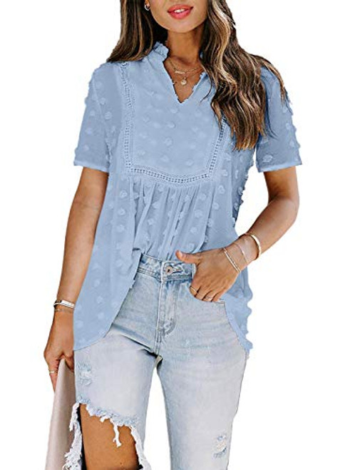AlvaQ Women's Blue Chiffon Tops Boho Shirts Summer Short Sleeve Romantic Swiss Dot Pom Pom Baby Doll Blouses Medium AlvaQ Women's Blue Chiffon Tops Boho Shirts Summer Short Sleeve Romantic Swiss Dot Pom Pom Baby Doll Blouses Medium