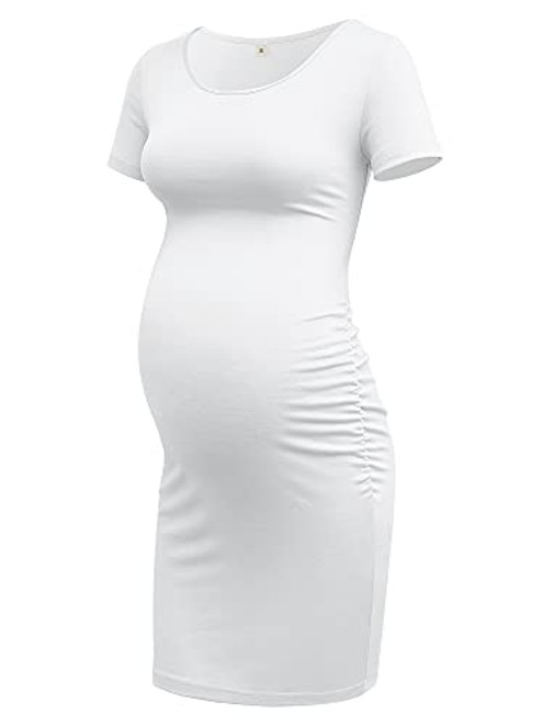 GLAMIX Women's Maternity Dress Pregnancy Short Sleeve Fitted Ruched Casual Dress Mama Bodycon Clothes -A02 White- M-