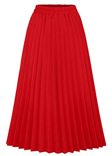 CHARTOU Womens Chic Elastic High Waisted A Line Leopard Print Pleated Shirring Midi-Long Skirt -Red- Large-