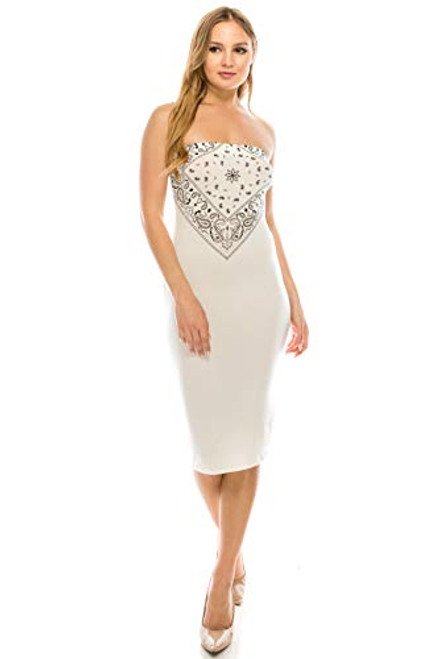 DOUBLEFIVE Women's Sexy Paisley Bandana Print Tube Top Strapless Bodycon Midi Club Dresses -Large- White-