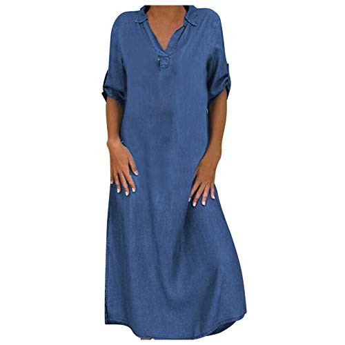 Women Casual Denim Dress V-Neck Roll Up Sleeve Button Loose Long Slit Jeans Dresses-Blue-XXL- Women Casual Denim Dress V-Neck Roll Up Sleeve Button Loose Long Slit Jeans Dresses-Blue-XXL-