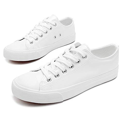 Womens White Sneakers Tennis Shoes Casual Leather Sneakers Nursing Shoes Fashion Low Top Lace up Dress Flat Shoes-White.US9-