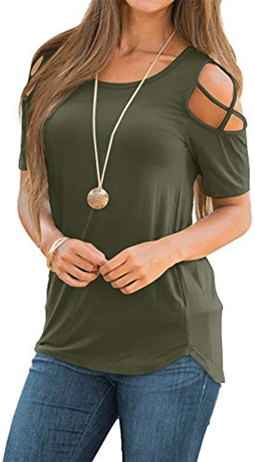 NILOUFO Womens Summer T Shirts Short Sleeve Tunic Strappy Cold Shoulder Tops-02-Army Green- X-Large- NILOUFO Womens Summer T Shirts Short Sleeve Tunic Strappy Cold Shoulder Tops-02-Army Green- X-Large-