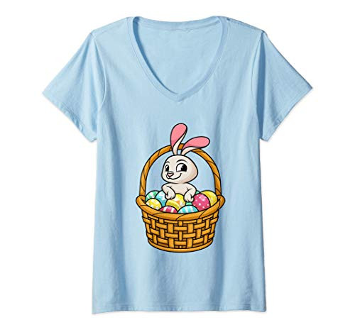 Womens Happy Easter Cute Bunny In Basket With Easter Eggs V-Neck T-Shirt