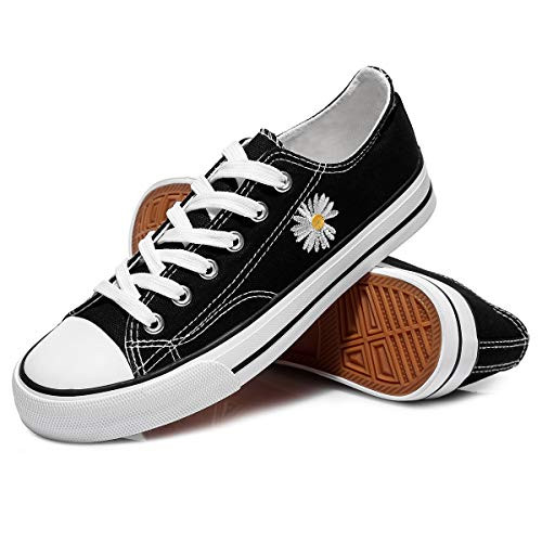 Women's Canvas Shoes Fashion Sneakers Low Top Tennis Shoes Lace up Casual Walking Shoes-Black Daisies.US6-