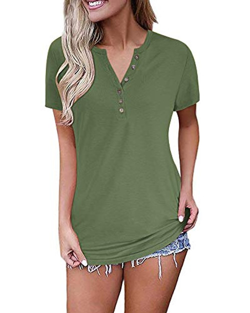 MISFAY Women's Short Sleeve V-Neck Button Loose Casual Tunic Tops Blouse Henley T Shirts -2XL- Army Green- MISFAY Women's Short Sleeve V-Neck Button Loose Casual Tunic Tops Blouse Henley T Shirts -2XL- Army Green-