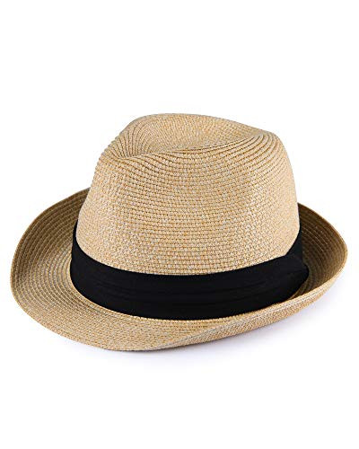FURTALK Fedora Straw Sun Hat for Men Women Foldable Roll Up Short Brim Trilby Hat Panama Beach Hat -Mix Beige New- Large-