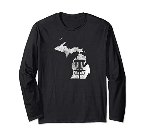 Michigan Disc Golf State with Basket Distressed Graphic Long Sleeve T-Shirt