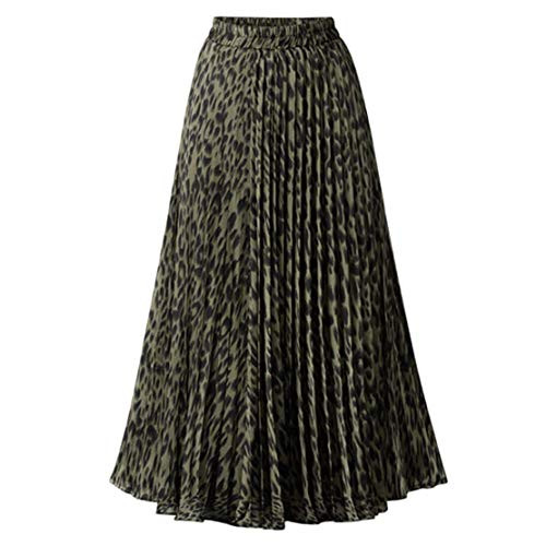 CHARTOU Womens Chic Elastic High Waisted A Line Leopard Print Pleated Shirring Midi-Long Skirt -Green- Large-