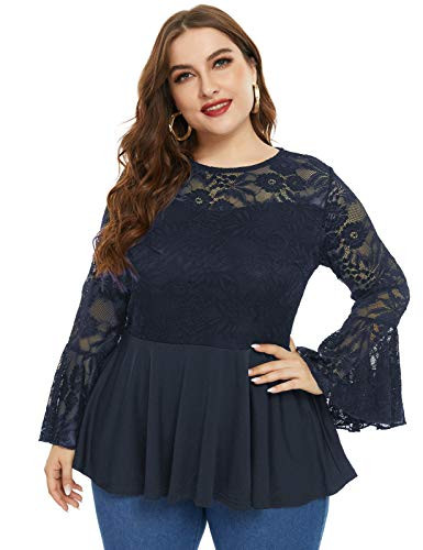 Women's Mesh Lace Ruffle Sleeve Solid Blouse Top Plus Size Blouse 24W Blue