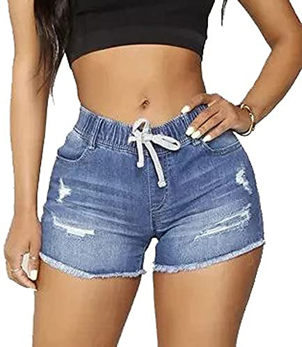 LaiyiVic Jean Shorts for Women High Waisted Frayed Raw Hem Blue Stretchy Ripped Denim Shorts with Pockets Sexy Summer