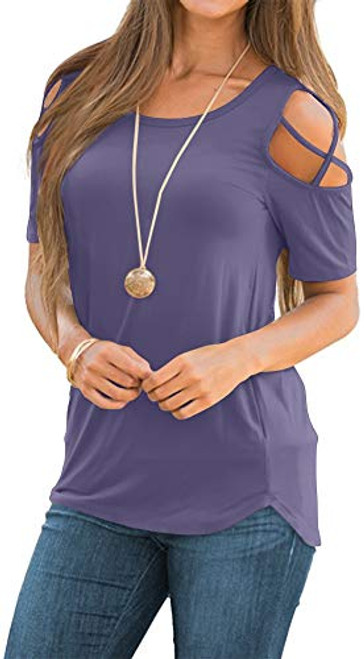 NILOUFO Womens Summer T Shirts Short Sleeve Tunic Strappy Cold Shoulder Tops-02-Purple Grey- X-Large- NILOUFO Womens Summer T Shirts Short Sleeve Tunic Strappy Cold Shoulder Tops-02-Purple Grey- X-Large-