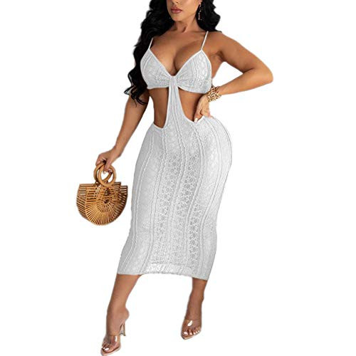 IyMoo Beach Outfits for Women - Beach Dresses Women Summer Sexy Cut Out Bodycon Dress Spaghetti Strap Halter Neck Maxi Dress Club Party White
