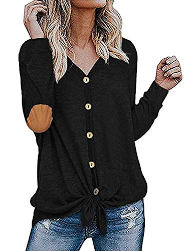 LEIYEE Womens Black Long Sleeve Shirts Elbow Patch Button Front Tie Knot Tops Blouses M