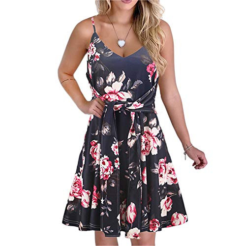casuress Womens Dresses V Neck Mini Floral Spaghetti Strap Tie Knot Front Flowy Pleated Swing Dress -X-Large- Type 6-