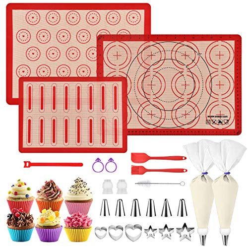 Silicone Macaron Baking Mat Kit - Set of 31 Non Stick Silicone Baking Kit-12 Piping Tip 2 Reusable Piping Bags Silicone Baking Sheets-Food Safe Macaron Mat for Cookies|Macarons|Bread|Pastry Silicone Macaron Baking Mat Kit - Set of 31 Non Stick Silicone Baking Kit-12 Piping Tip 2 Reusable Piping Bags Silicone Baking Sheets-Food Safe Macaron Mat for Cookies|Macarons|Bread|Pastry