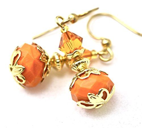 Orange Czech Glass Faceted Rondelle Beads Swarovski Crystal Gold Earrings Orange Czech Glass Faceted Rondelle Beads Swarovski Crystal Gold Earrings