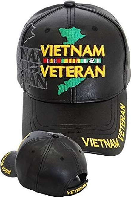 Cultural Exchange Vietnam Veteran Map Shadow PU Leather Mens Cap -Black - Adjustable-