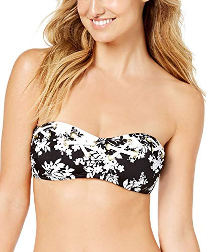 Bar III Woodland Floral-Print Bandeau Bikini Top -Black- XS-