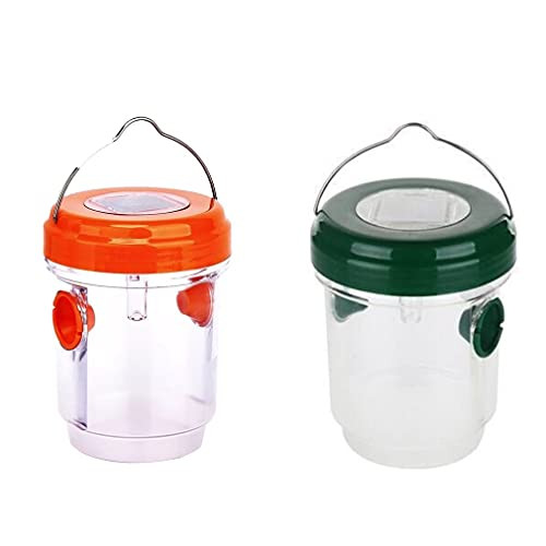 2pcs Solar Charging Wasp Traps for Outdoor Hanging-Solar Powered Wasp Catcher Portable Effective  and  Reusable for Catching Bug Insects with LED Light Catcher Killer-Green and Orange